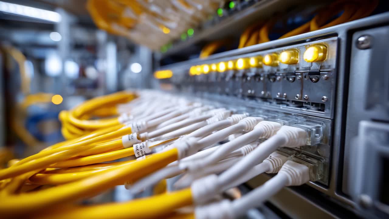 High-Tech Data Center Overview Featuring Yellow Network Cables and Optical Equipment Close-Up with Illuminated Lights and Connectivity Ports in a Modern Setting