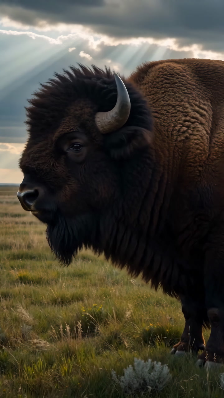 Majestic Bison Bathed In Sunbeams, Golden Morning Light Filtering Through Clouds, Tall Grass And Sagebrush,