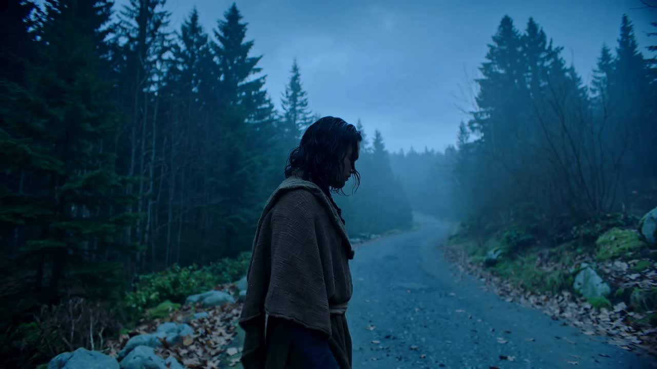 Walking male traveler starting uphill journey along gravel road into misty treeline, cloak shifting