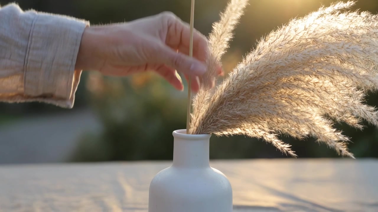 Mão em camisa bege colocando hastes de capim-dos-pampas em um vaso de cerâmica branco no pátio, equilibrando as plumas.