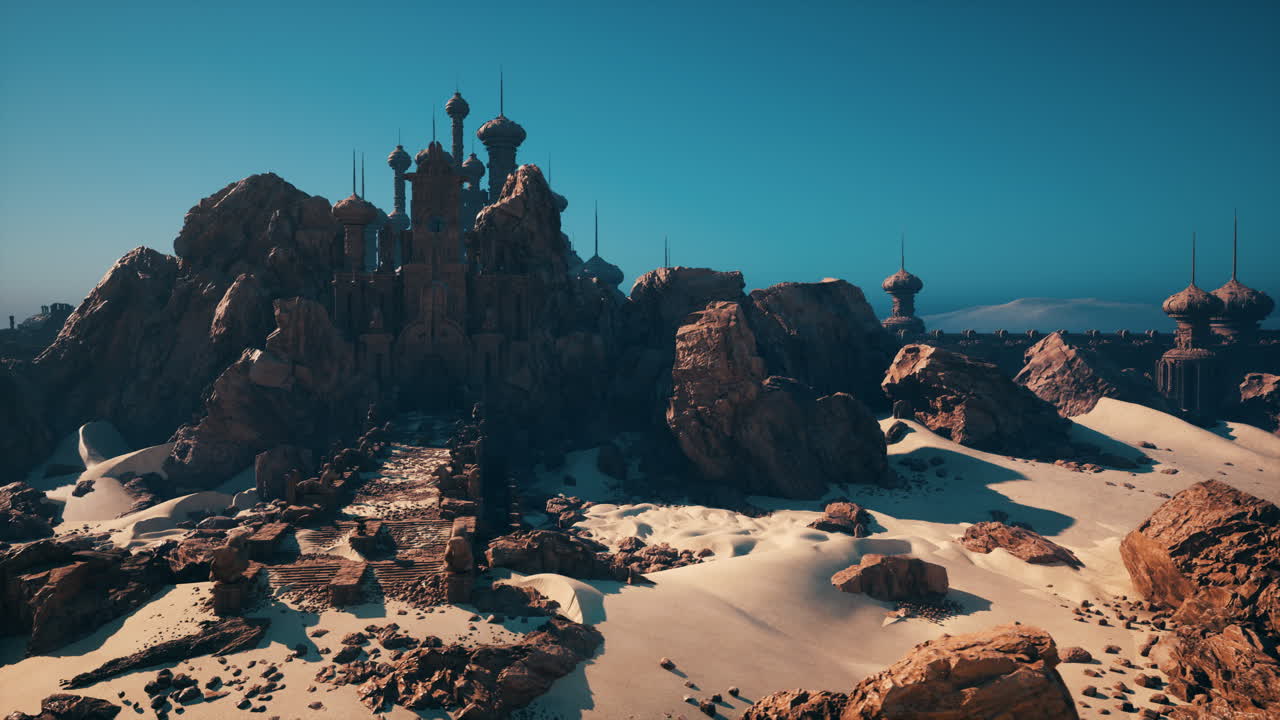 Vibrant scene of seaside fortress with golden sands and shimmering waters