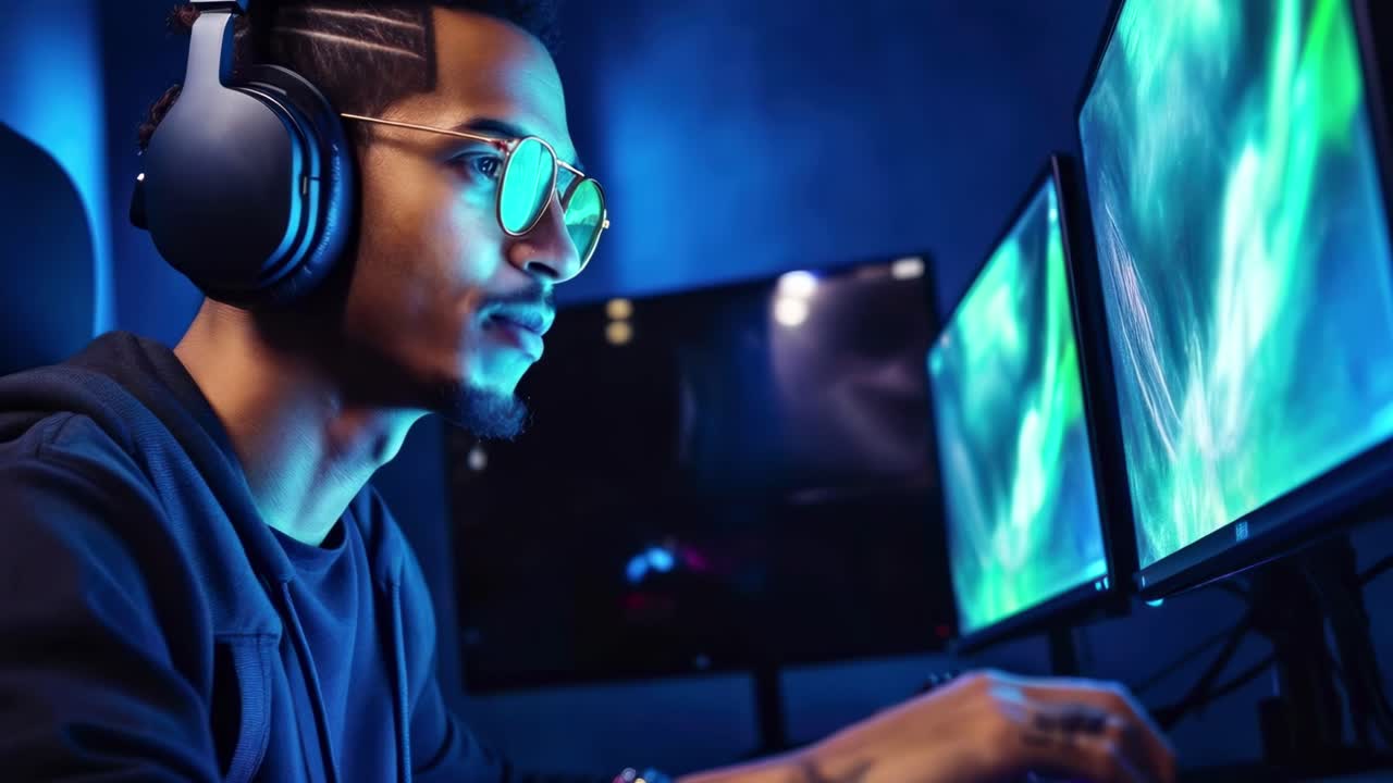 Sideengel af en fokuseret gamer med hovedtelefoner, fordybet i et videospil med en blå-belyst opsætning