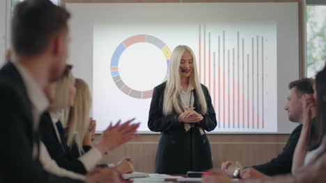 attractive blonde woman is speaking in business conference in field of finance and accounting