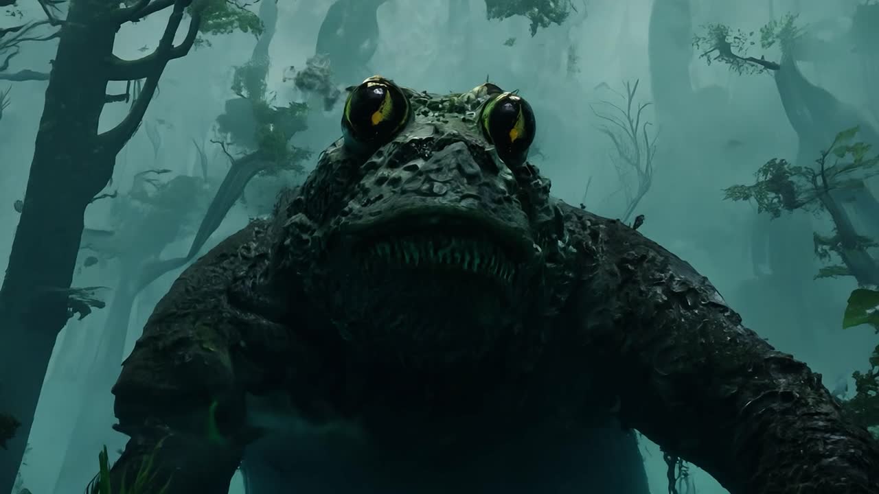 어두운 숲에서 무서운 개구리 괴물