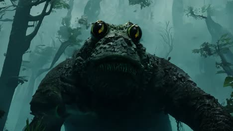 un monstruo rana aterrador en un bosque oscuro