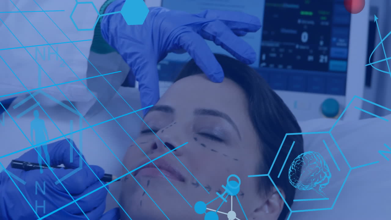 Animation of chemical formula over surgeon preapring patient for surgery