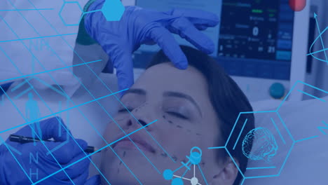 animation of chemical formula over surgeon preapring patient for surgery