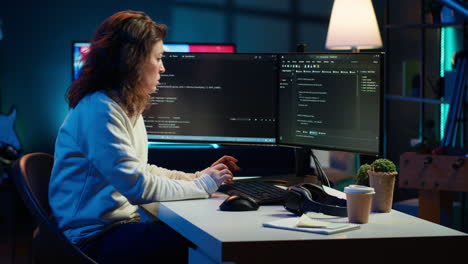 system engineer in living room writing lines of code