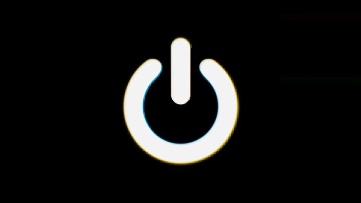 Digital power button icon with a dynamic glitch effect on a black background. System control, startup, shutdown, and reboot functions with a modern tech-inspired aesthetic.