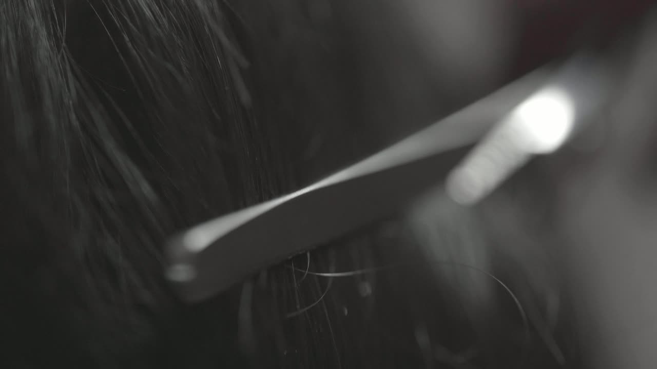  Macro Shot Of Hairdresser Cutting Mans Hair With Scissors