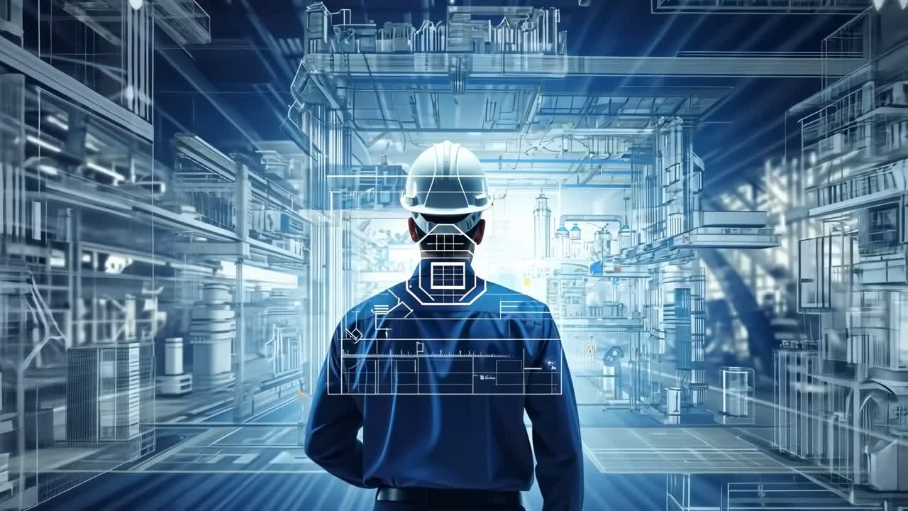 A video concept showing a man in a hard hat from behind, looking at a holographic blueprint