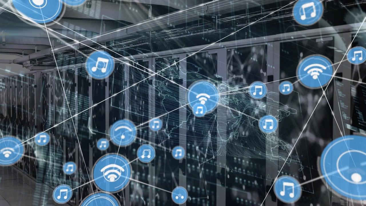 Animation of network of connections with icons and data processing over computer servers