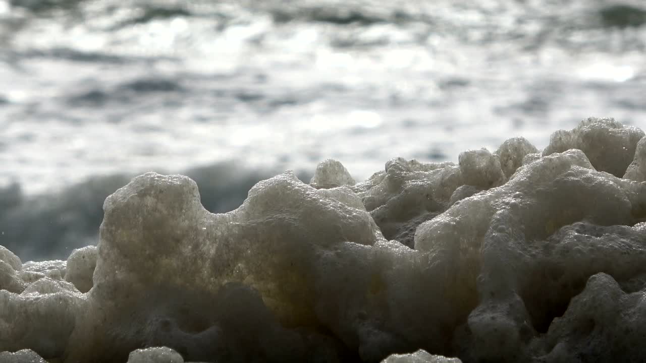 Algae foam in storm on the beach, sandy beach with waves, North Sea, Jütland, Sondervig, Denmark, 4K