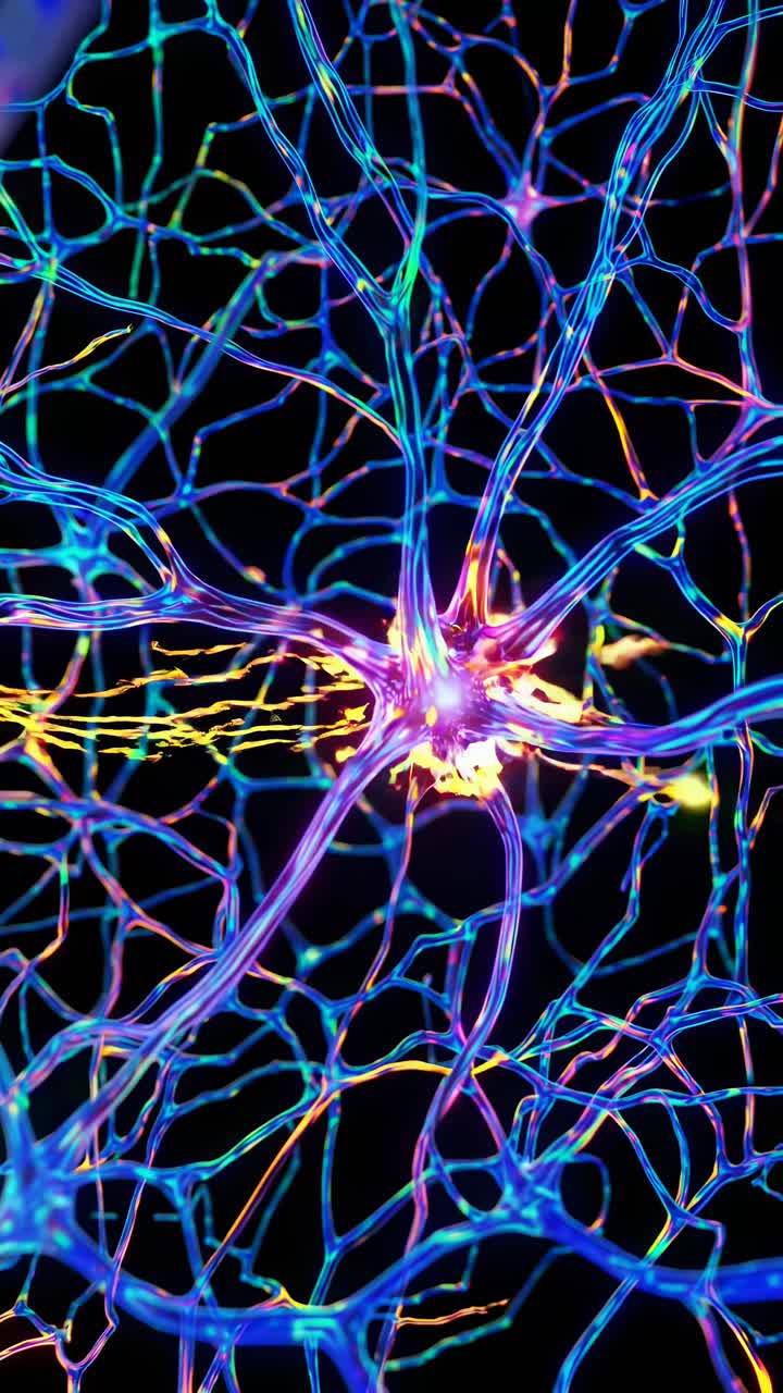 Dynamic top-down video of vibrant neural network with glowing synapses, showcasing a futuristic