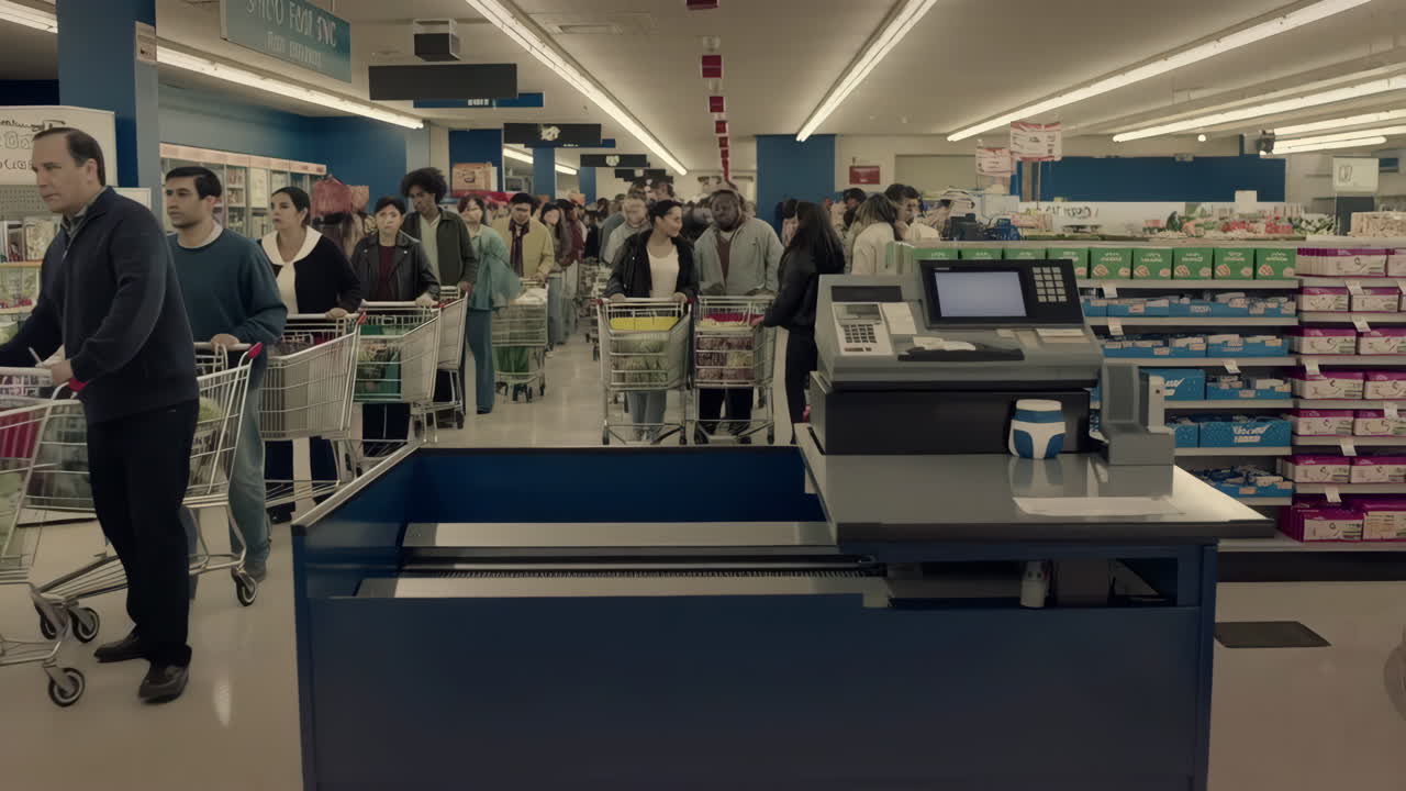 Crowded Supermarket Checkout Line