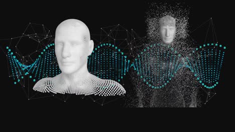 animation of dna strand and data processing with human bodies formed with exploding particles