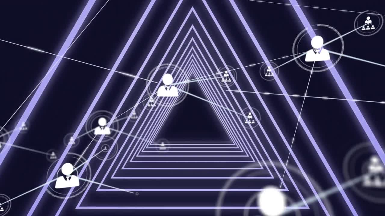 검은 바탕에 네온 파란색 빛나는 삼각형 터널에 대한 디지털 아이콘 네트워크