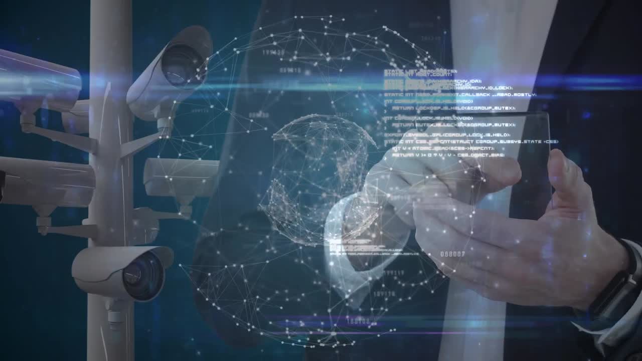 지구와 카메라를 가진 투명한 화면을 사용하여 슈트를 입은 백인 남자의 중간 섹션