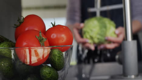 Frau-Wäscht-Zutaten-Für-Salat