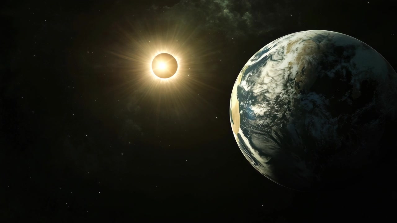 Solar Eclipse Over Planet Earth in Deep Space