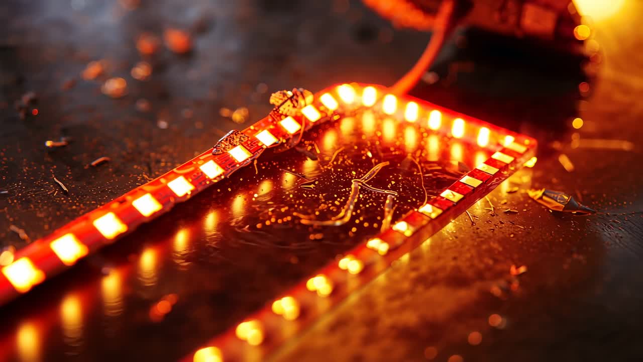 Entering soldering tip pressing onto LED strip on workbench, melting solder, repairing connection