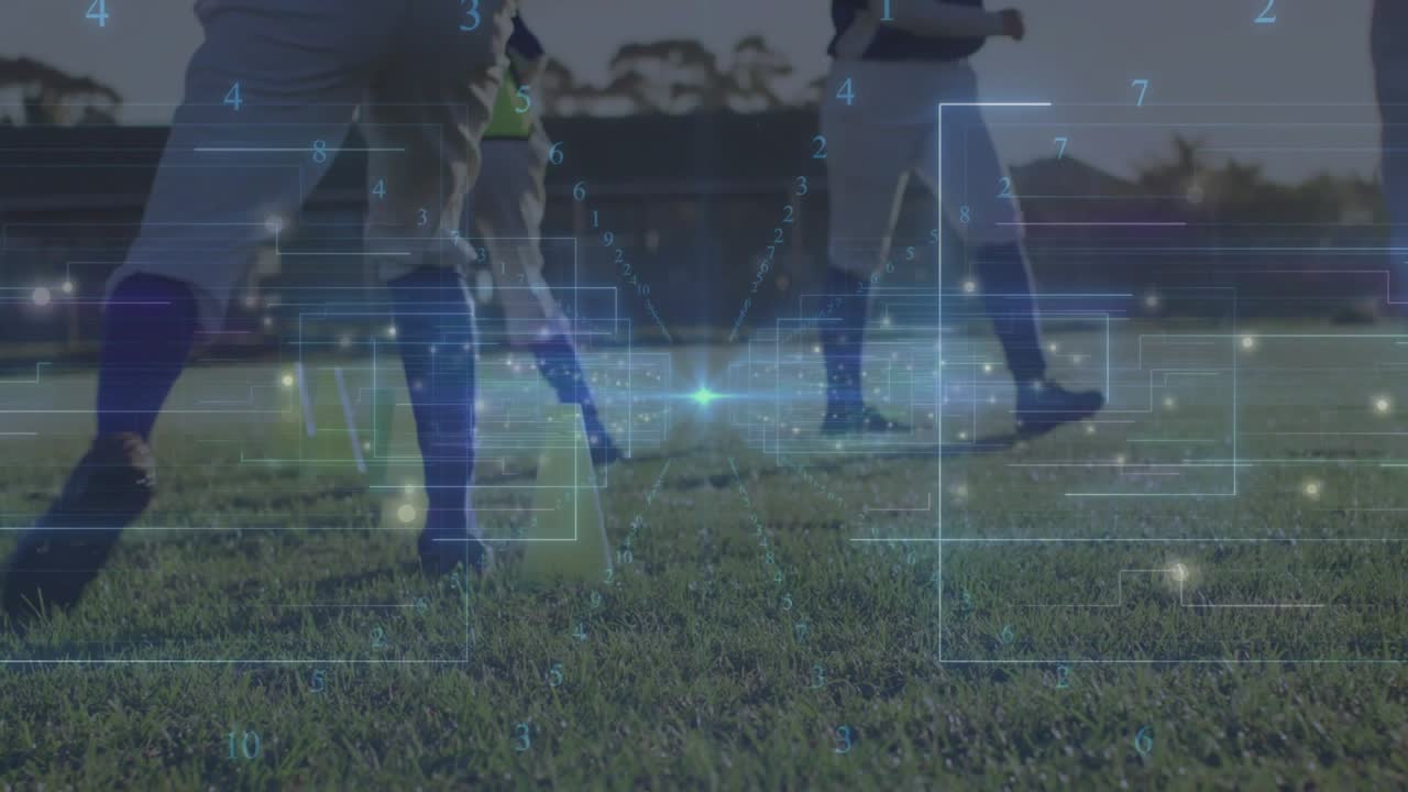 Female soccer players starting training by moving toward yellow cone with blue HUD showing metrics