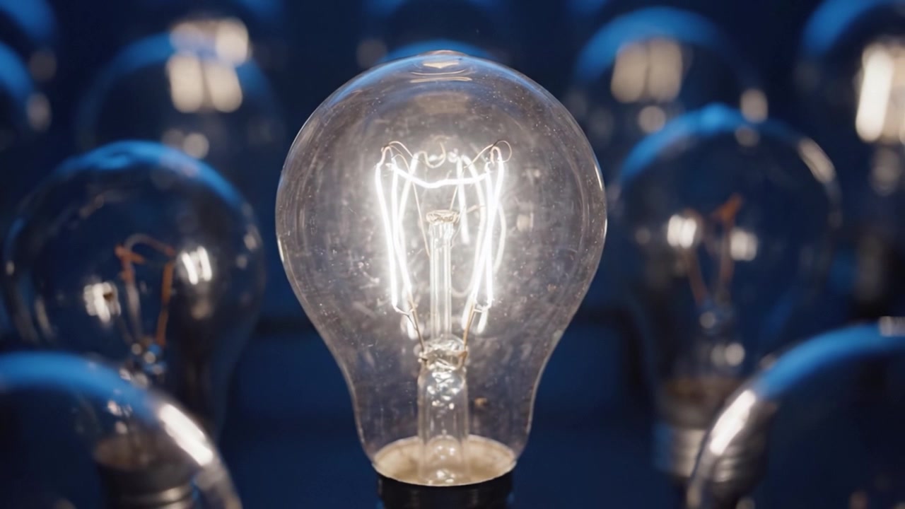 Idee illuminanti: una singola lampadina brilla intensamente tra un mare di compagne attenuate, simboleggiando innovazione e creatività nel buio.