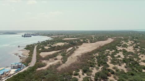 Aerial-view-overlooking-dunes-and-vegetation-in-sunny-Bani,-Dominican-Republic