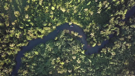 Río-Que-Fluye-A-Través-Del-Bosque-Tropical-Con-Un-Bote