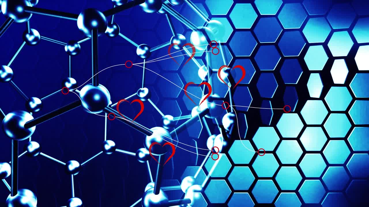 Animation of globe made of connections over blue hexagons on navy background