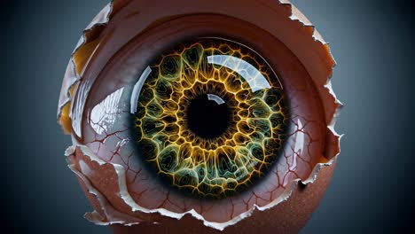 Organic golden iris expanding and transforming within fragile cracked eggshell membrane, surrounded by glistening liquid against neutral gray backdrop, symbolizing biological metamorphosis