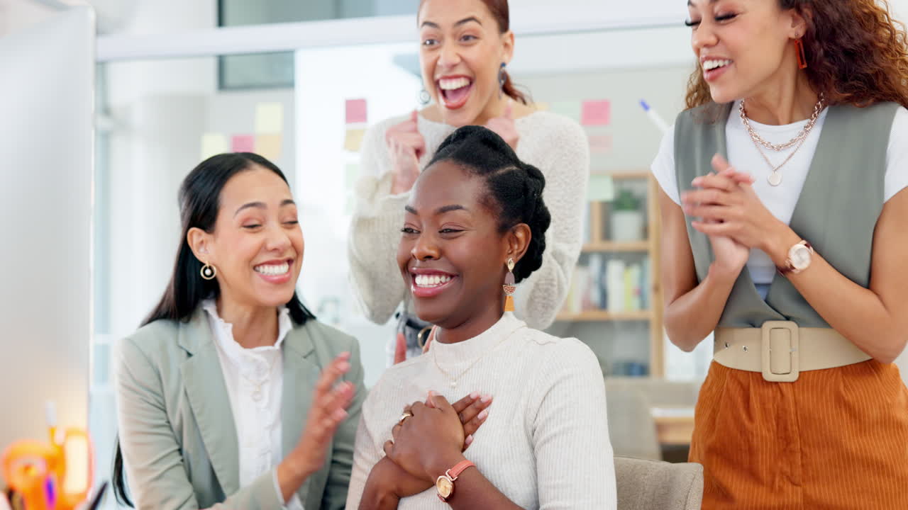Business women, winner and celebration on computer