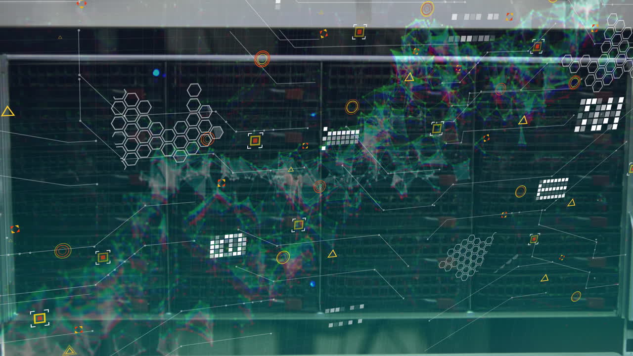 Animation of data processing a and network of connections against computer server room