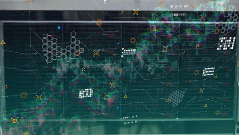 animación del procesamiento de datos y una red de conexiones contra la sala de servidores de computadoras.