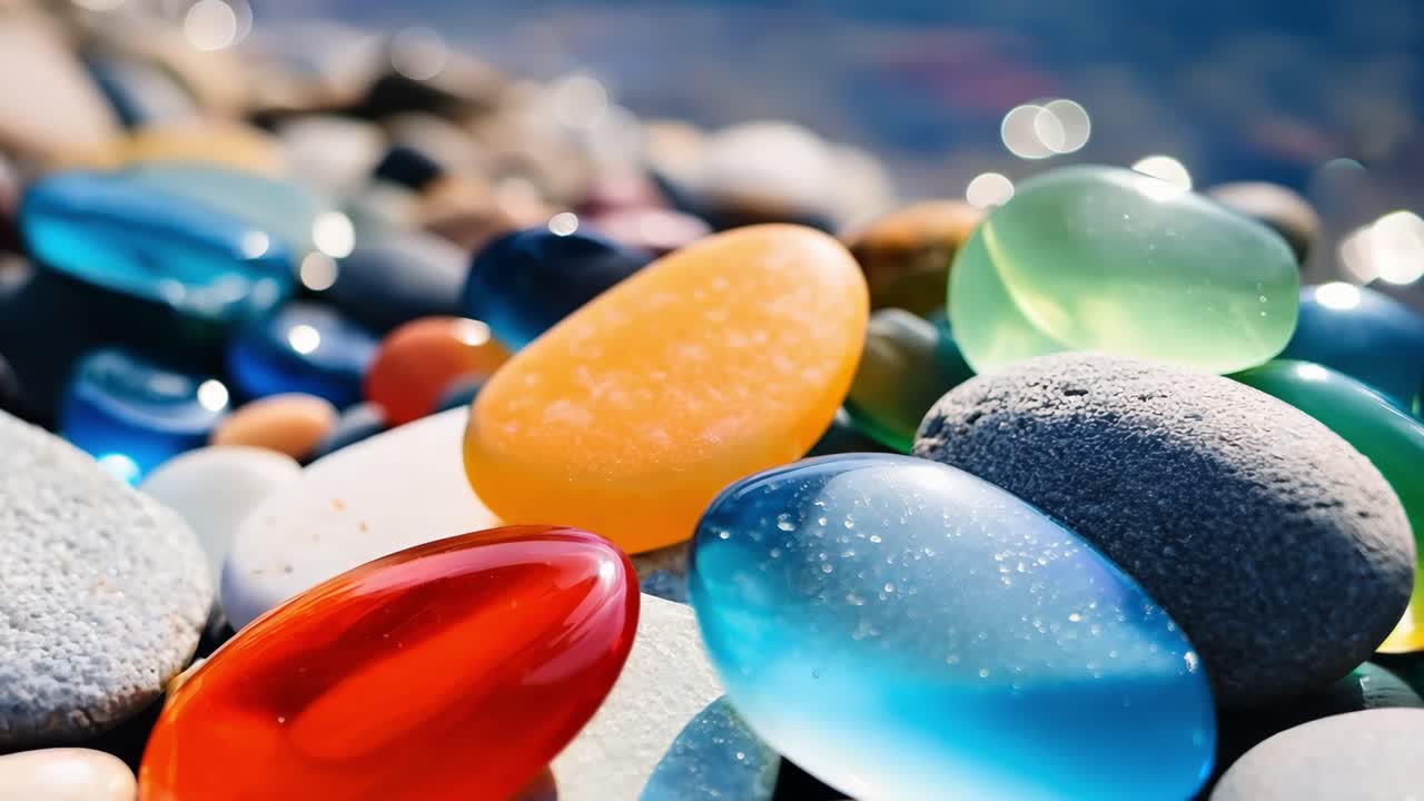 Smooth colorful glass pebbles glistening under bright sunlight, reflecting vibrant hues and creating tranquil beach scenery with intricate texture and natural beauty
