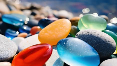 smooth colorful glass pebbles glistening under bright sunlight, reflecting vibrant hues and creating tranquil beach scenery with intricate texture and natural beauty