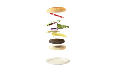 gran hamburguesa sabrosa con ingredientes giratorios voladores en bucle renderizado en 3d