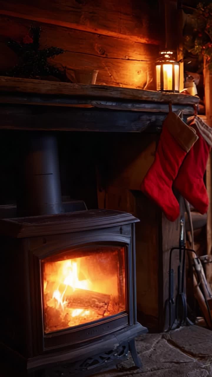 A cozy winter scene featuring a crackling wood stove with a warm, inviting glow, accompanied by festive red stockings hanging nearby, casting a soft light in a rustic wooden cabin environment