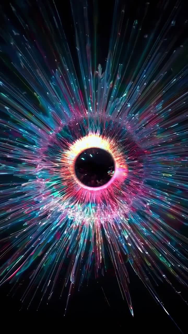 Close-up, abstract eye design with vibrant colors, resembling a sci-fi video effect