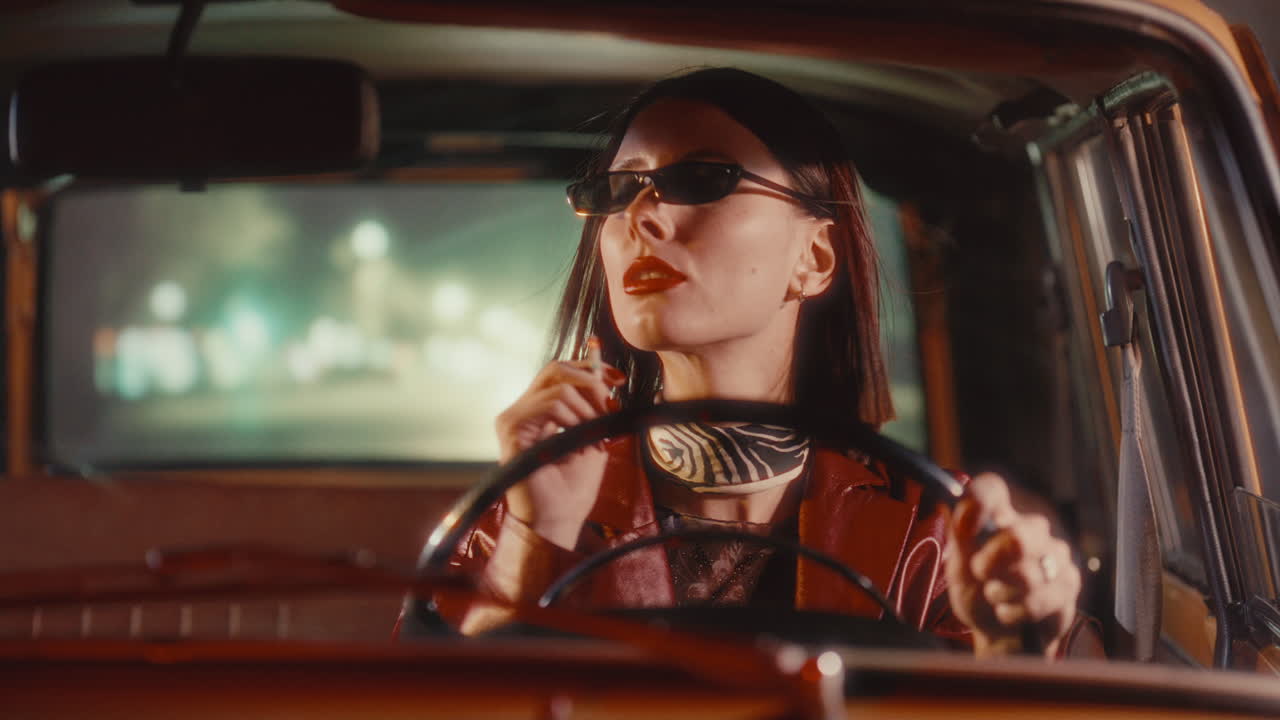 Portrait of Beautiful Female Driver in Sunglasses Smoking Cigarette in Retro Car
