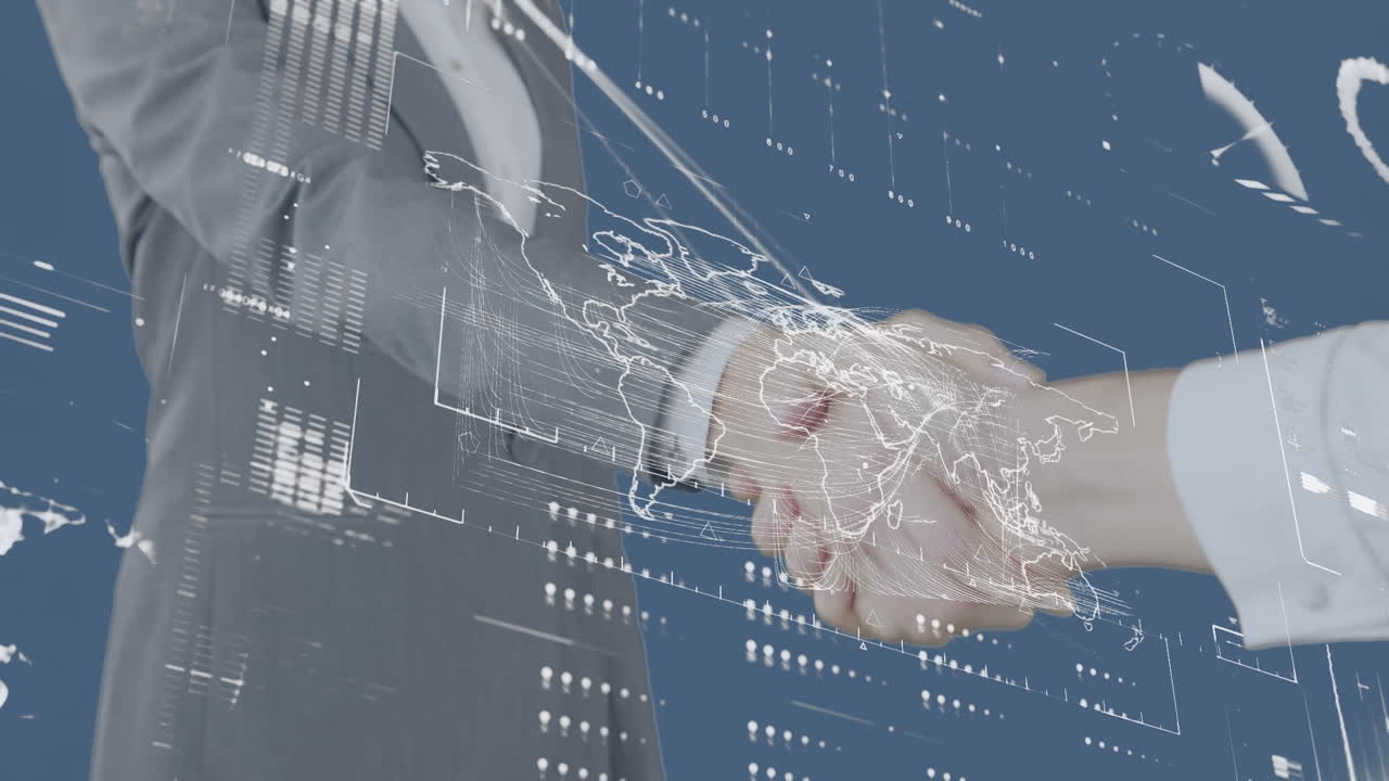 카우카스계 사업가들이 손을 흔들고 있는 금융 데이터 처리 애니메이션