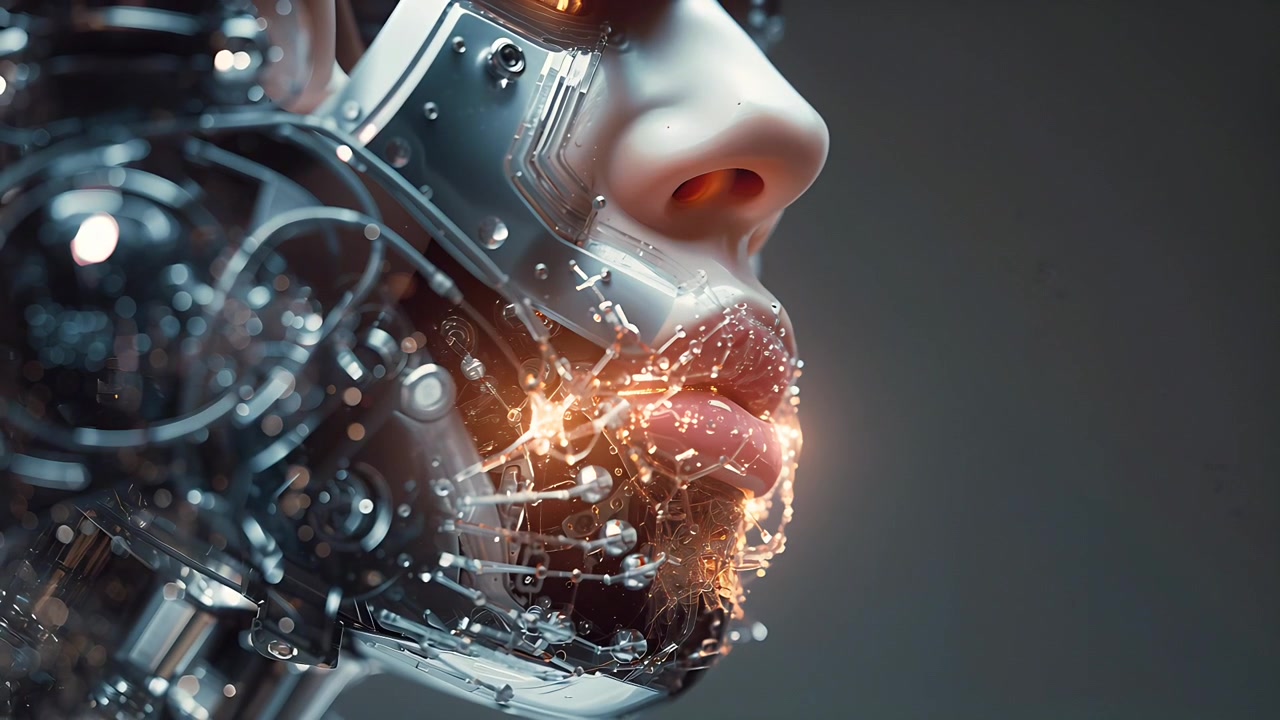 Booting female humanoid android lower face lighting up in research lab with glowing microfilaments
