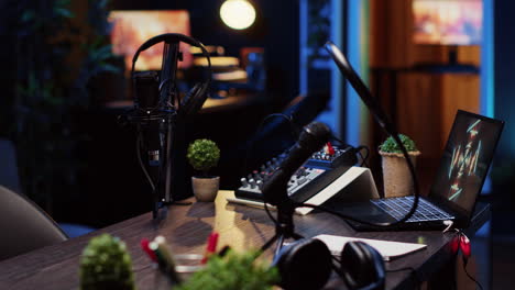 panning shot of desk in home production studio with podcast equipment technology recording