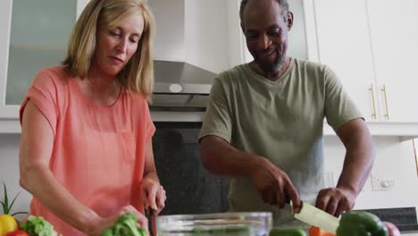 happy diverse senior couple chopping vegetables in kitchen and talking