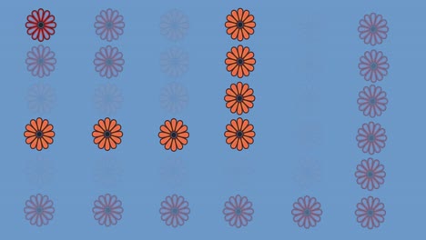 Animation-Von-Reihen-Roter-Und-Orangefarbener-Blumen,-Die-Sich-über-Blauen-Hintergrund-Bewegen