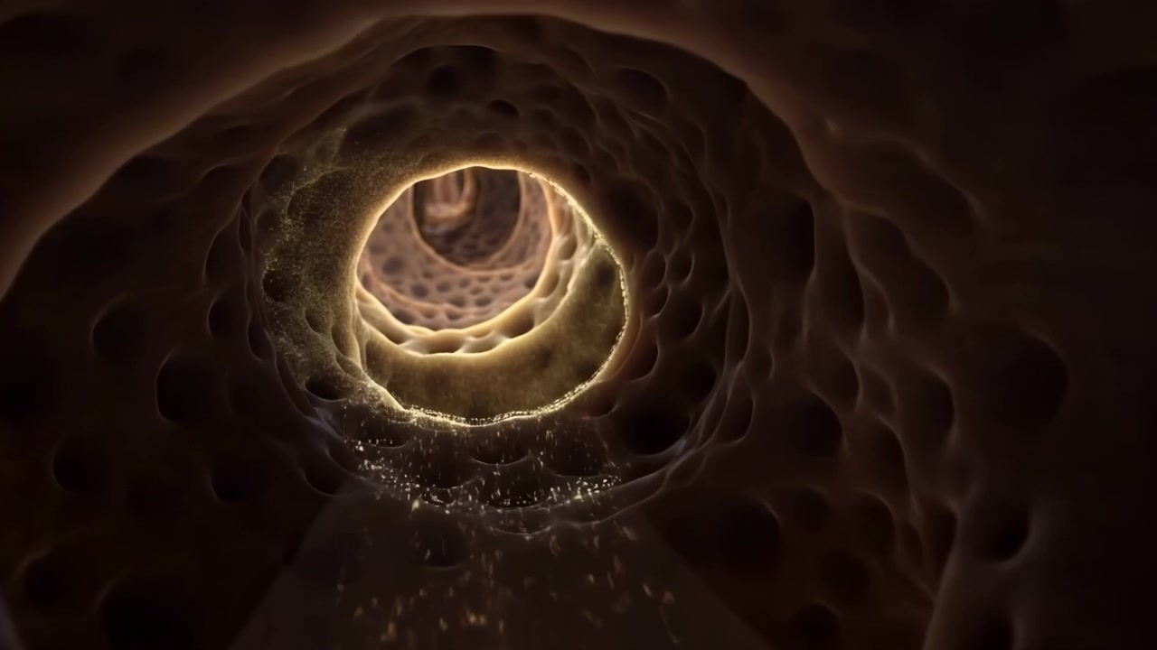 Close-up interior view inside organic tubular passage showing concentric ringed ridges and evenly spaced pores along fleshy walls