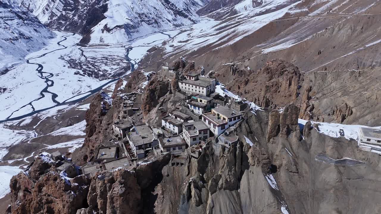 Aerial View of a Monastery Perched on a Mountainside in the Himalayas