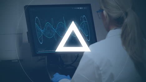 Animation of spinning white traingle over caucasian female scientist in laboratory