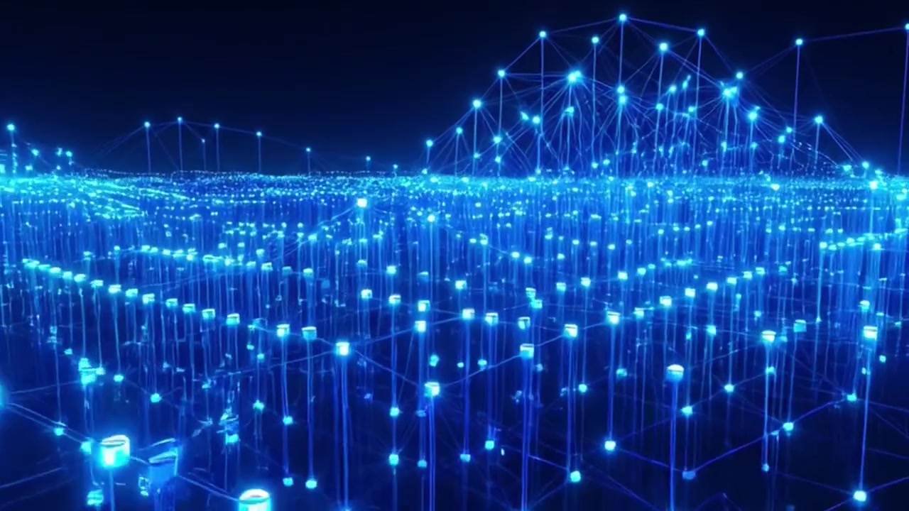 Abstract Digital Network Grid with Glowing Blue Data Nodes
