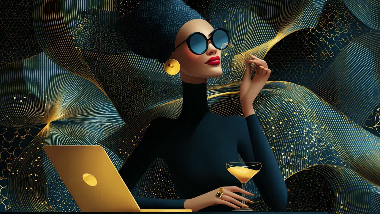 A sophisticated woman in stylish attire, enjoying a cocktail while working on her laptop, surrounded by a mesmerizing backdrop of swirling patterns and vibrant colors, exuding elegance and confidence